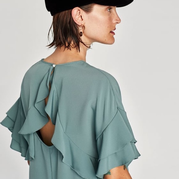 NWOT Zara Teal Crepe Frilled Sleeve Mini Dress - Picture 4 of 8